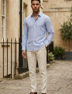 Palermo - Light blue men’s long sleeve striped casual shirt, full outfit hero