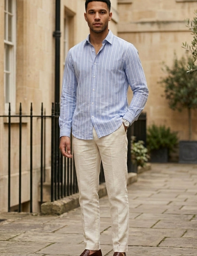 Palermo - Light blue men’s long sleeve striped casual shirt, full outfit hero