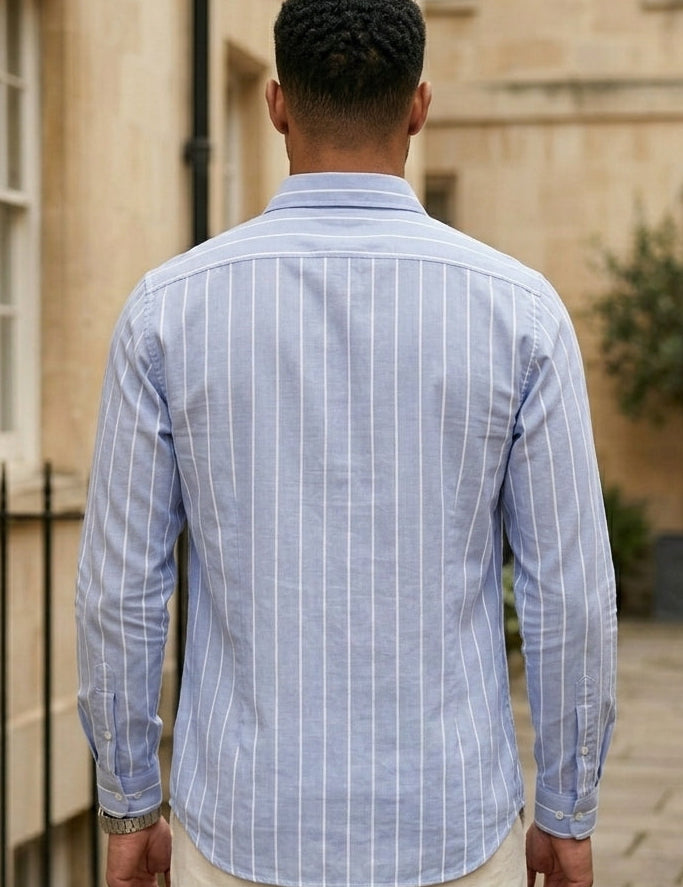 Palermo - Light blue men’s long sleeve striped casual shirt, top back view