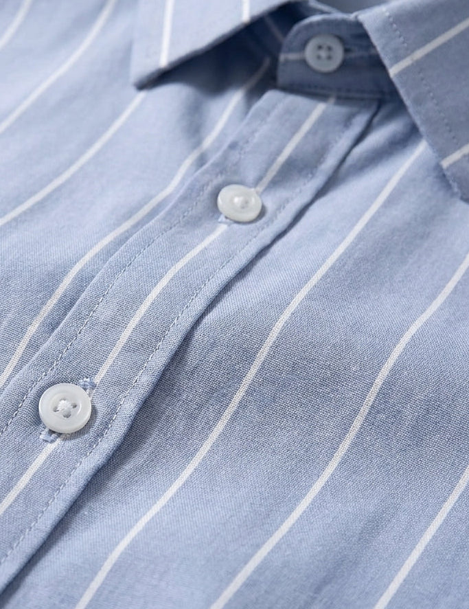 Palermo - Light blue men’s long sleeve striped casual shirt, top fabric detail