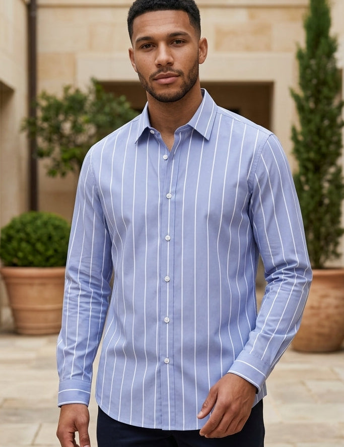 Palermo - Light blue men’s long sleeve striped casual shirt, upper body hero