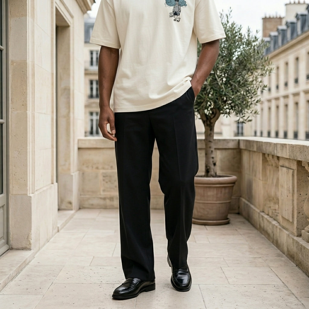 Person wearing a beige shirt and black pants standing on a stone pavement with buildings and a tree in the background.
