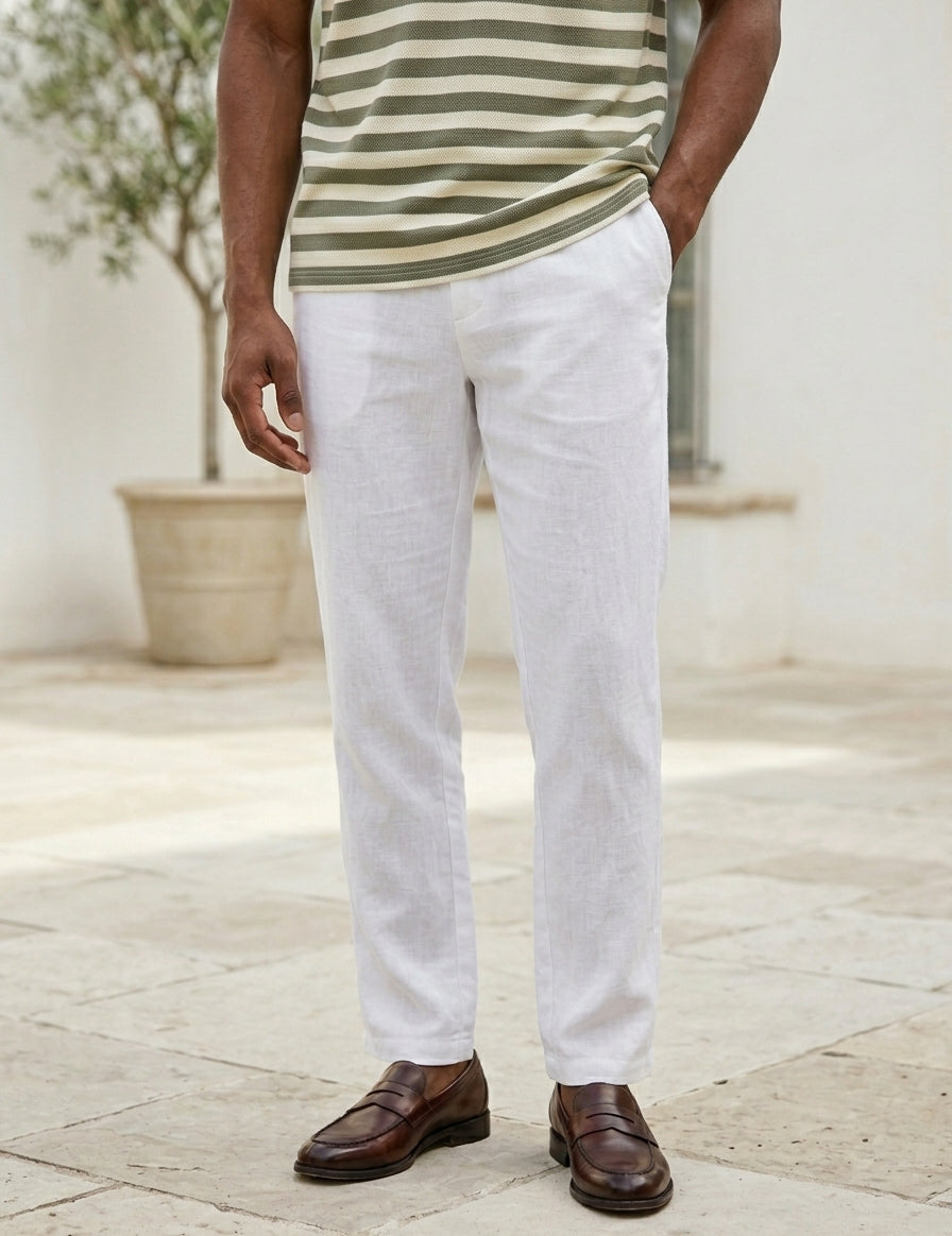 Person wearing a striped shirt, white pants, and brown shoes outdoors.