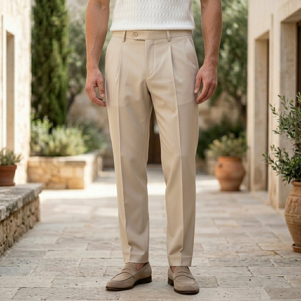 Person wearing beige pants standing on a stone path with plants and buildings in the background