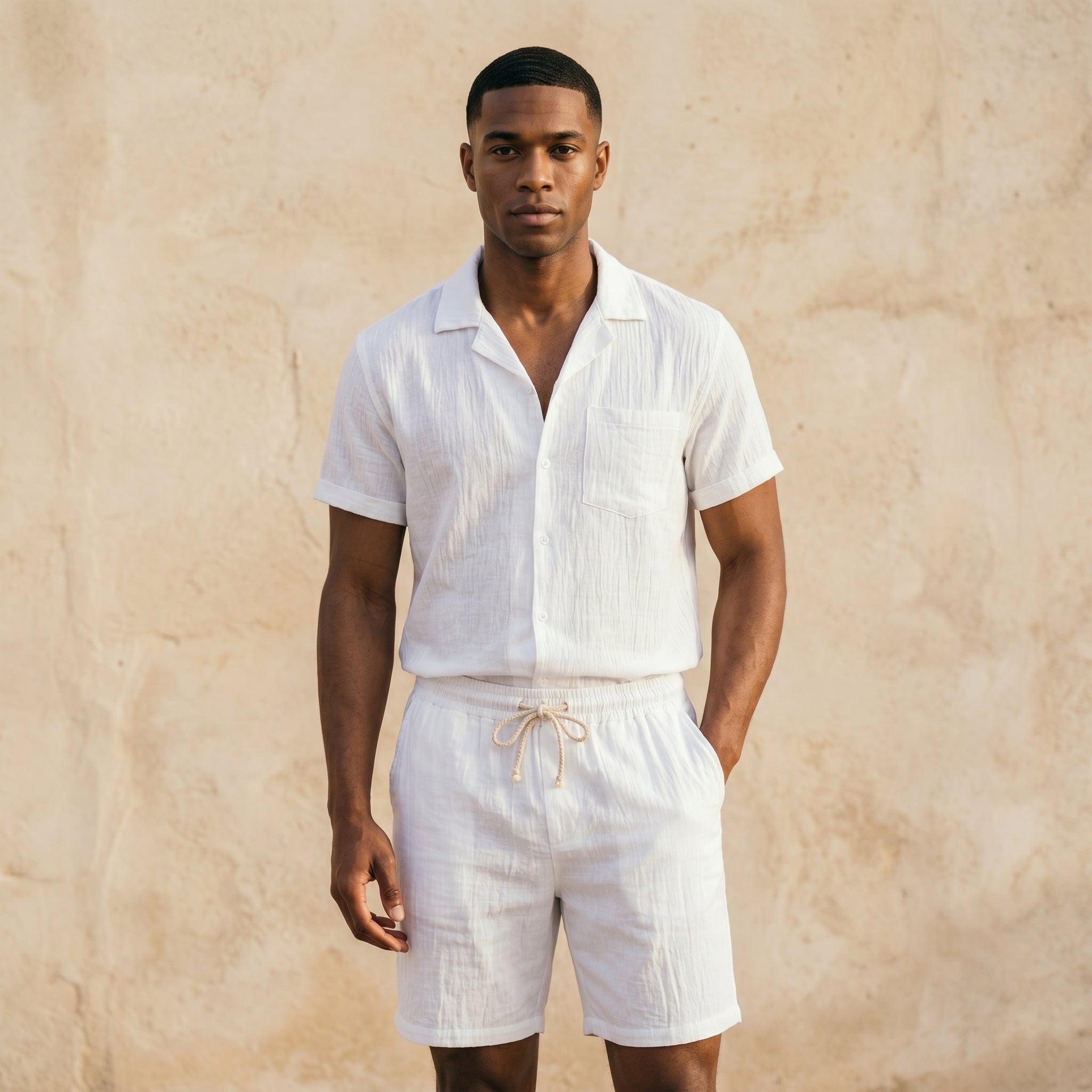 Man wearing a white linen shirt and shorts against a beige wall