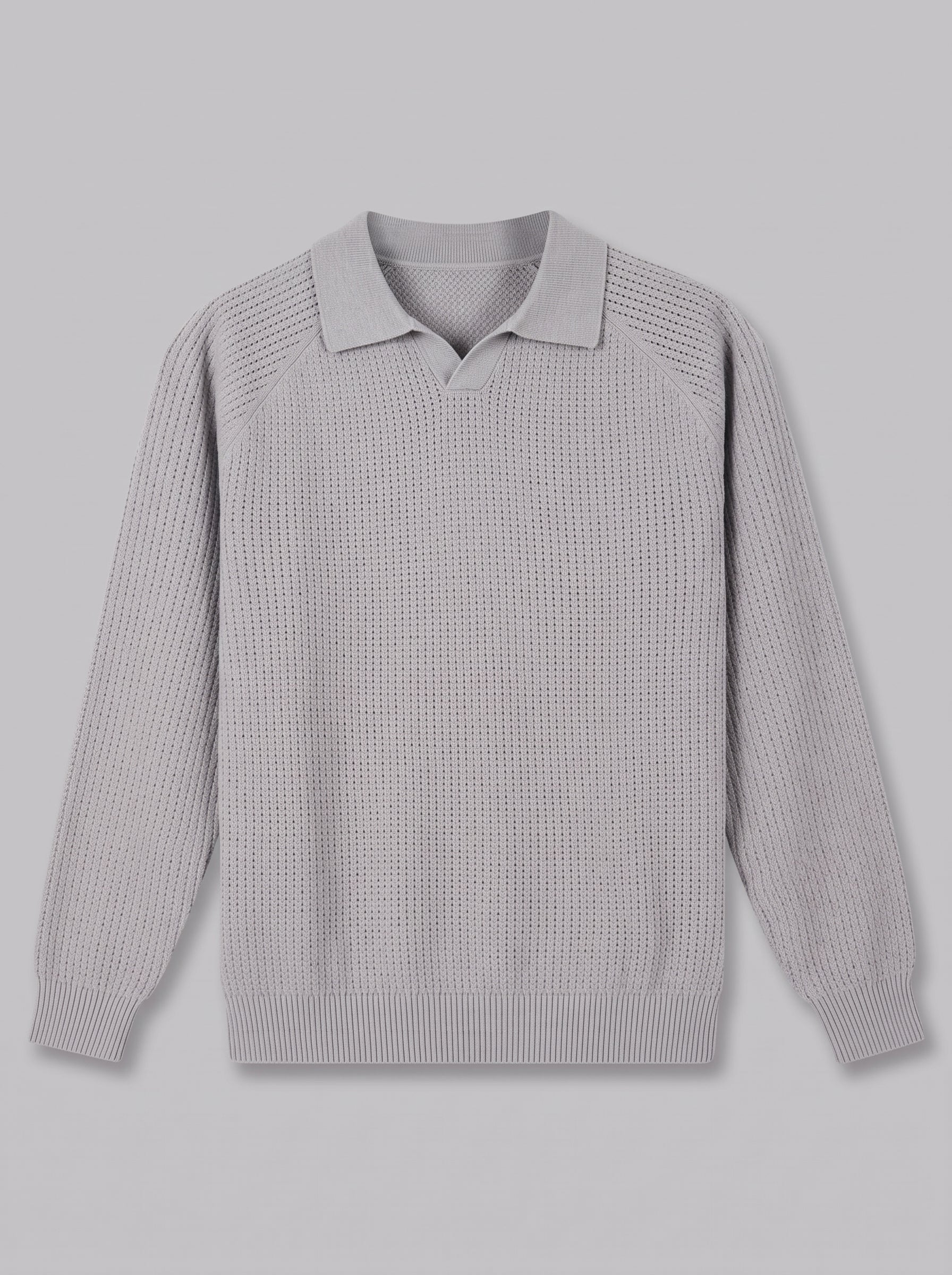 A light gray waffle-knit long-sleeve polo sweater, shown flat against a solid gray background.