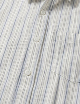 Close-up of a striped shirt with blue and white vertical lines.