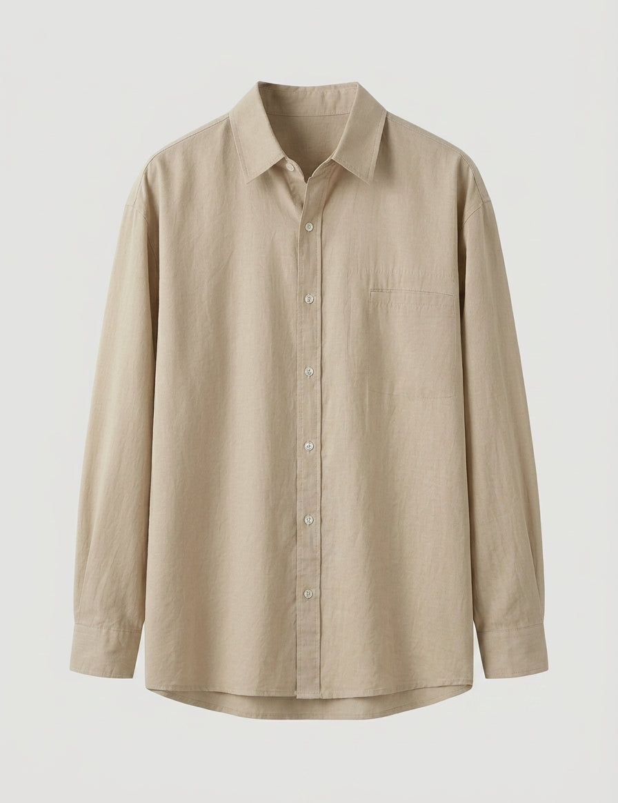 Beige button-up shirt on a light gray background