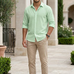 Riva -Mint green men’s textured cotton-blend summer shirt, top fabric detail, full outfit hero
