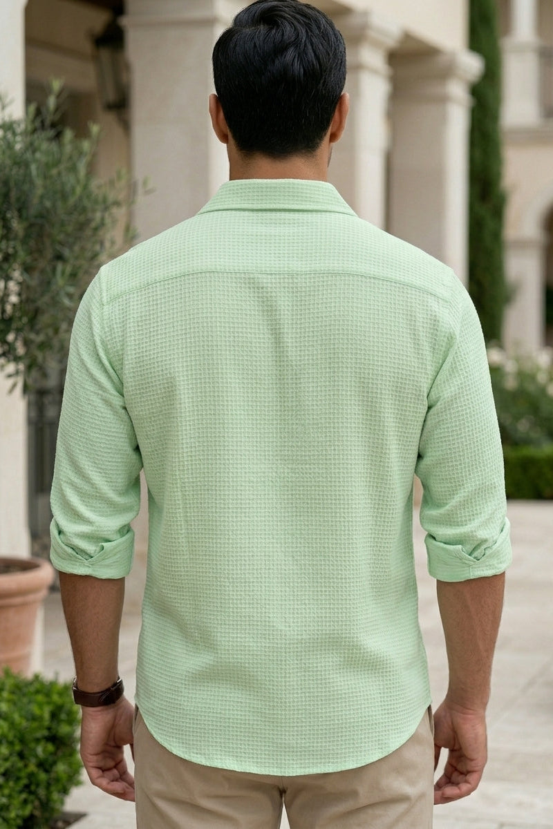 Riva -Mint green men’s textured cotton-blend summer shirt, top fabric detail, top back view