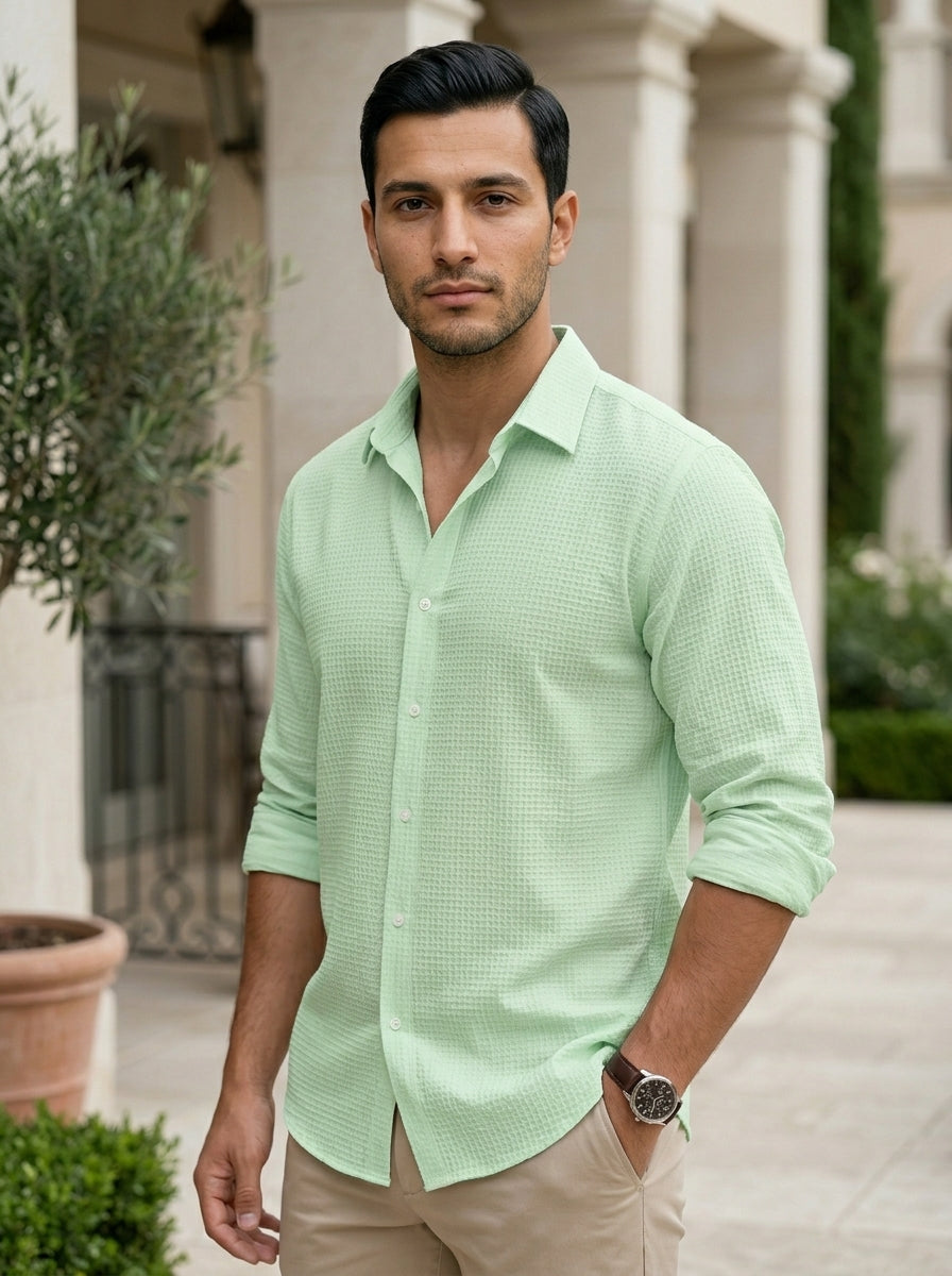 Riva -Mint green men’s textured cotton-blend summer shirt, top fabric detail, upper body hero