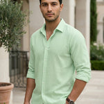 Riva -Mint green men’s textured cotton-blend summer shirt, top fabric detail, upper body hero