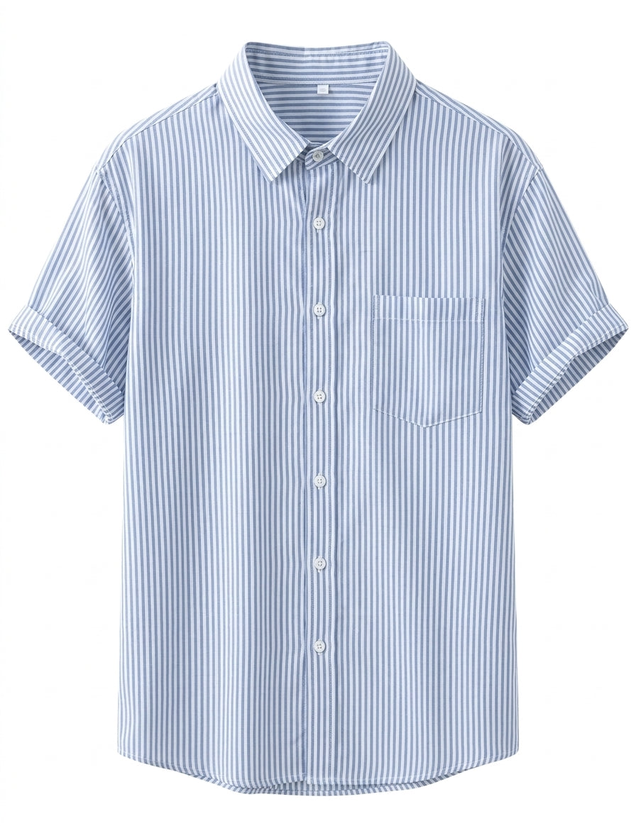 Riva - Sky blue striped men’s cotton-blend short sleeve shirt