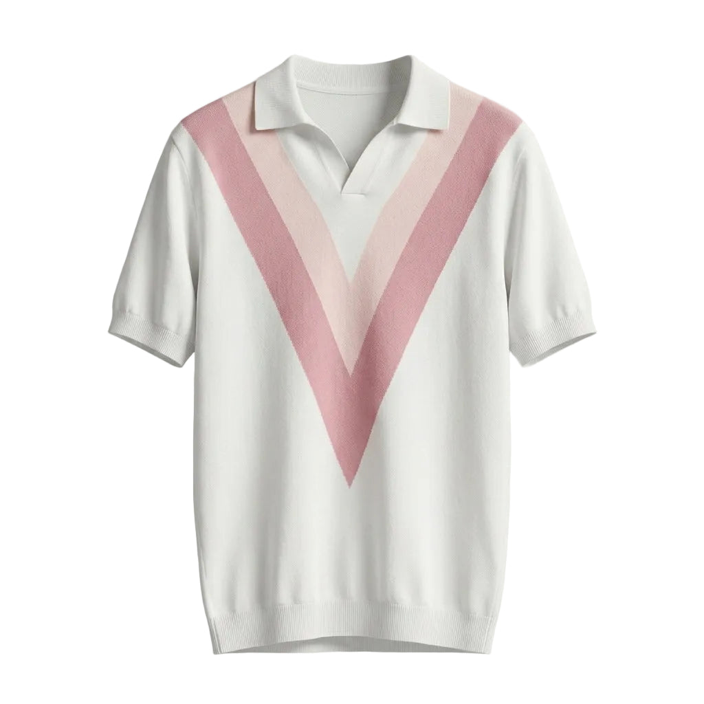 Rosato - White polo shirt with pink V-neck design on a light gray background