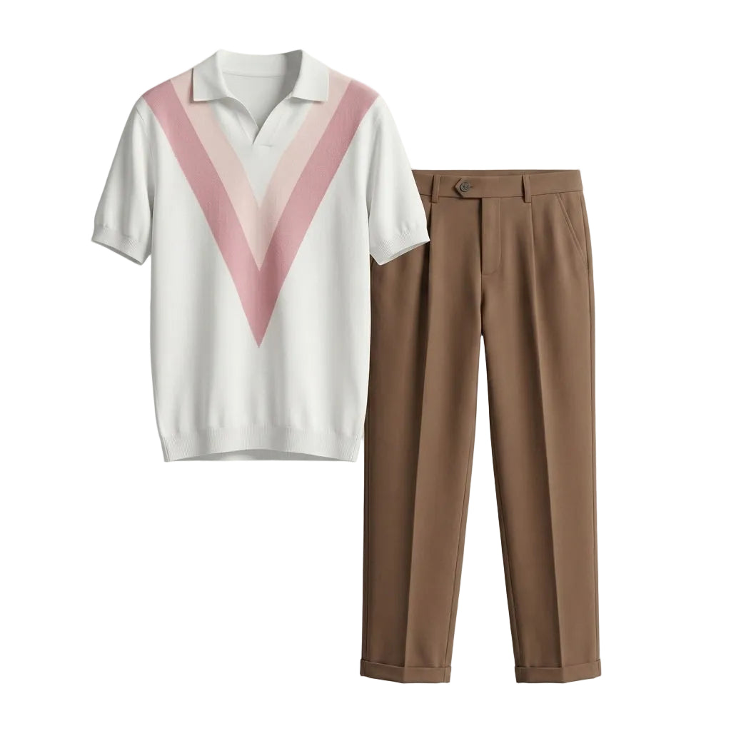 Rosato - White polo shirt with pink and red V-neck design and brown pants on a light gray background