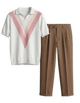 Rosato - White polo shirt with pink and red V-neck design and brown pants on a light gray background
