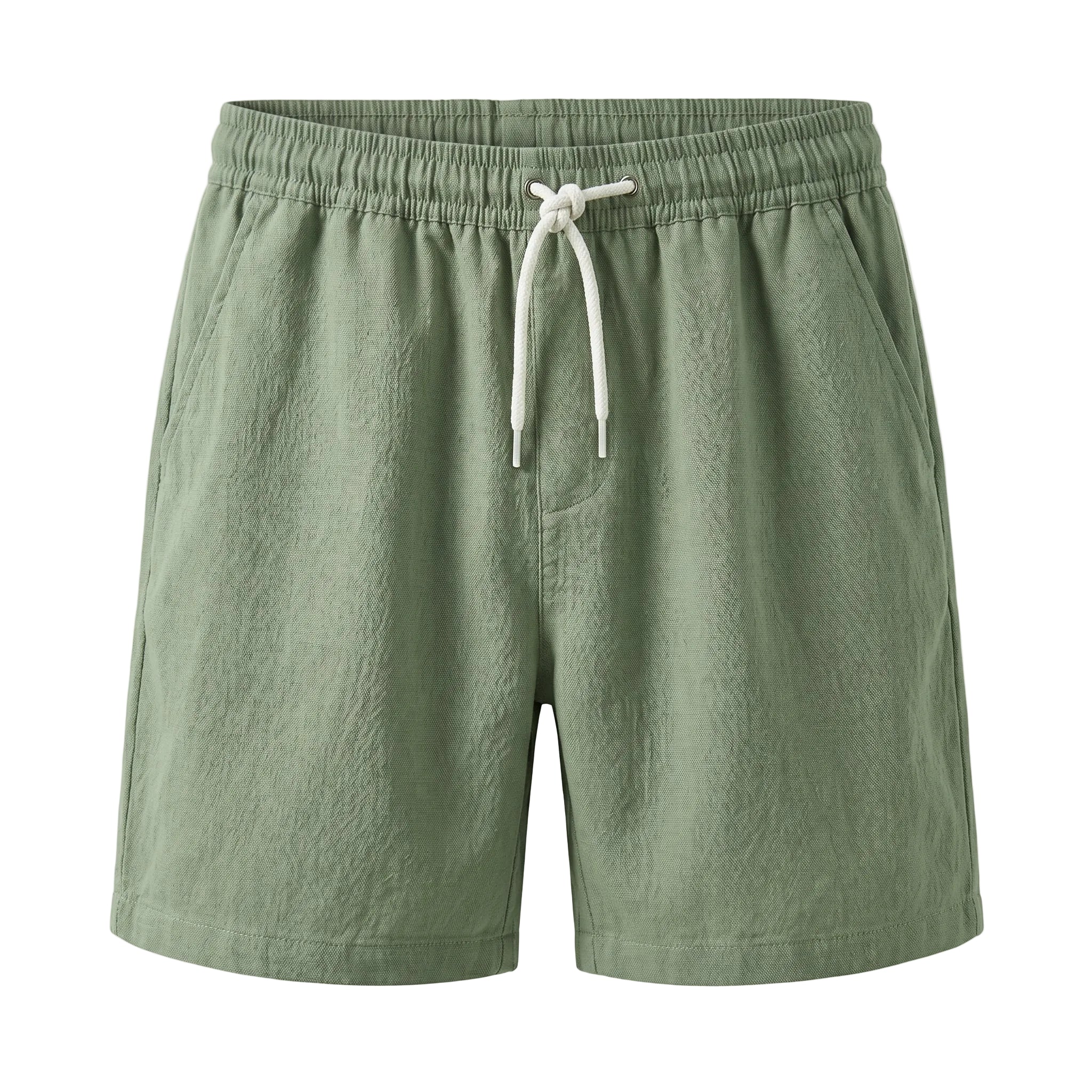 Sage green drawstring summer shorts with elastic waistband on a white background.