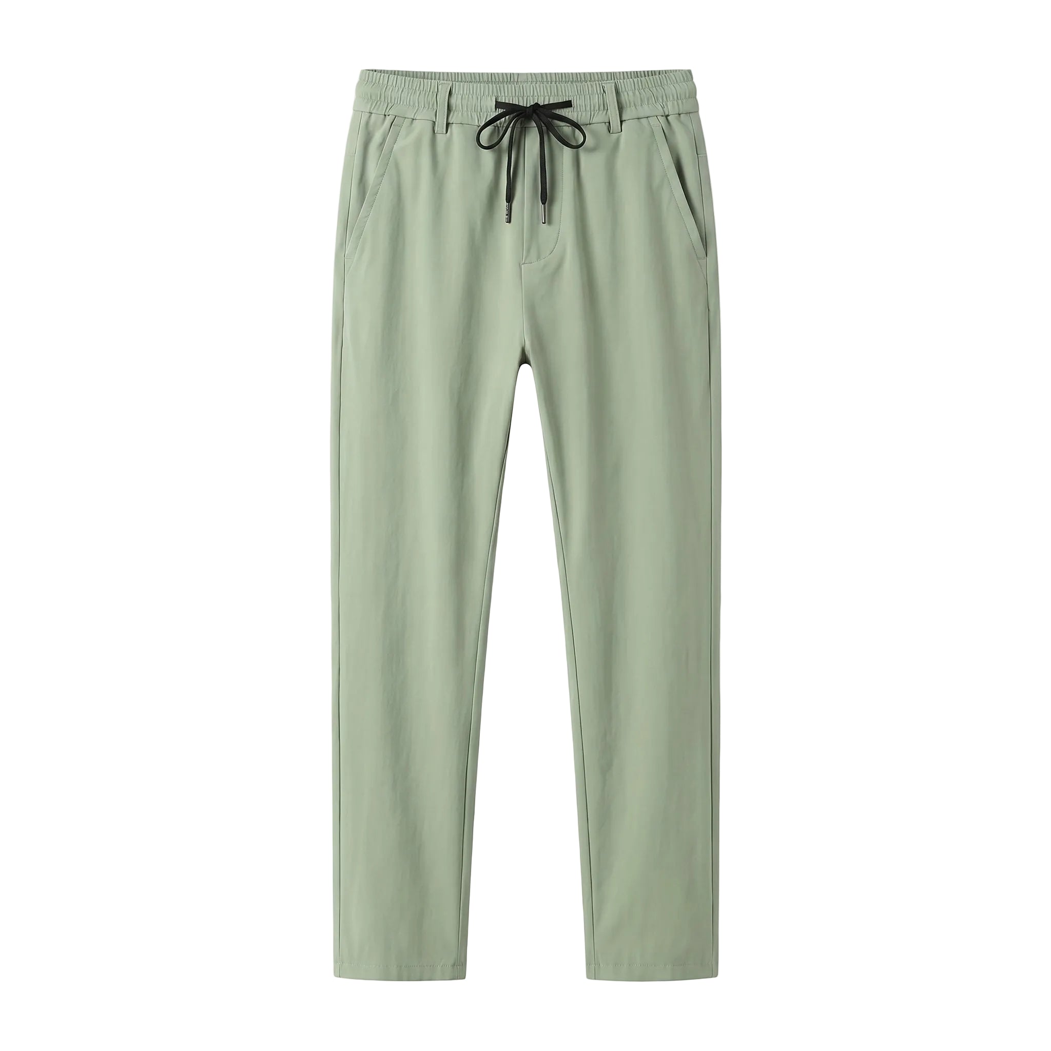 Sage green jogger pants with elastic waistband and tapered legs on a white background.