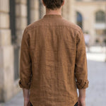 Sahara - Brown men’s buttoned band collar summer shirt - top back view