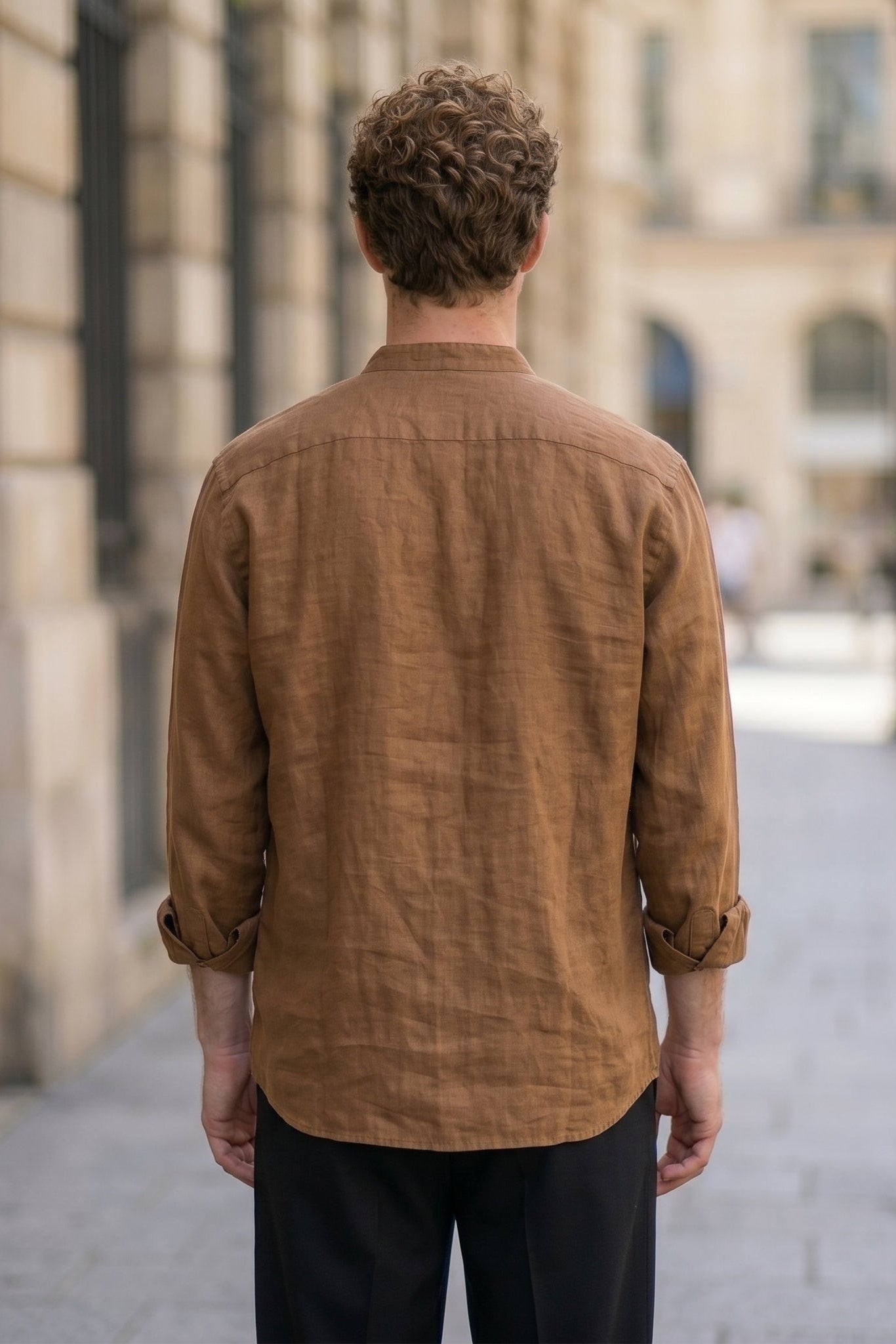 Sahara - Brown men’s buttoned band collar summer shirt - top back view