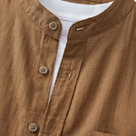 Sahara - Brown men’s buttoned band collar summer shirt - top fabric detail