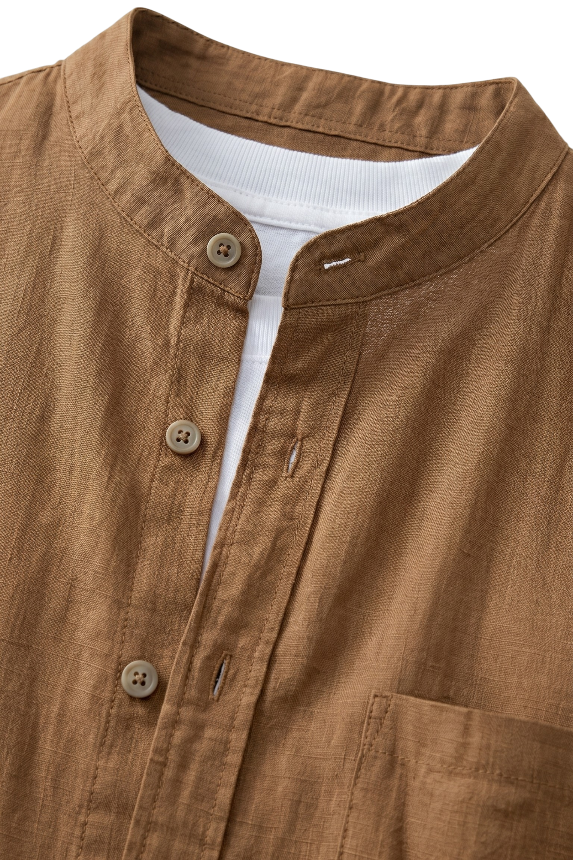 Sahara - Brown men’s buttoned band collar summer shirt - top fabric detail