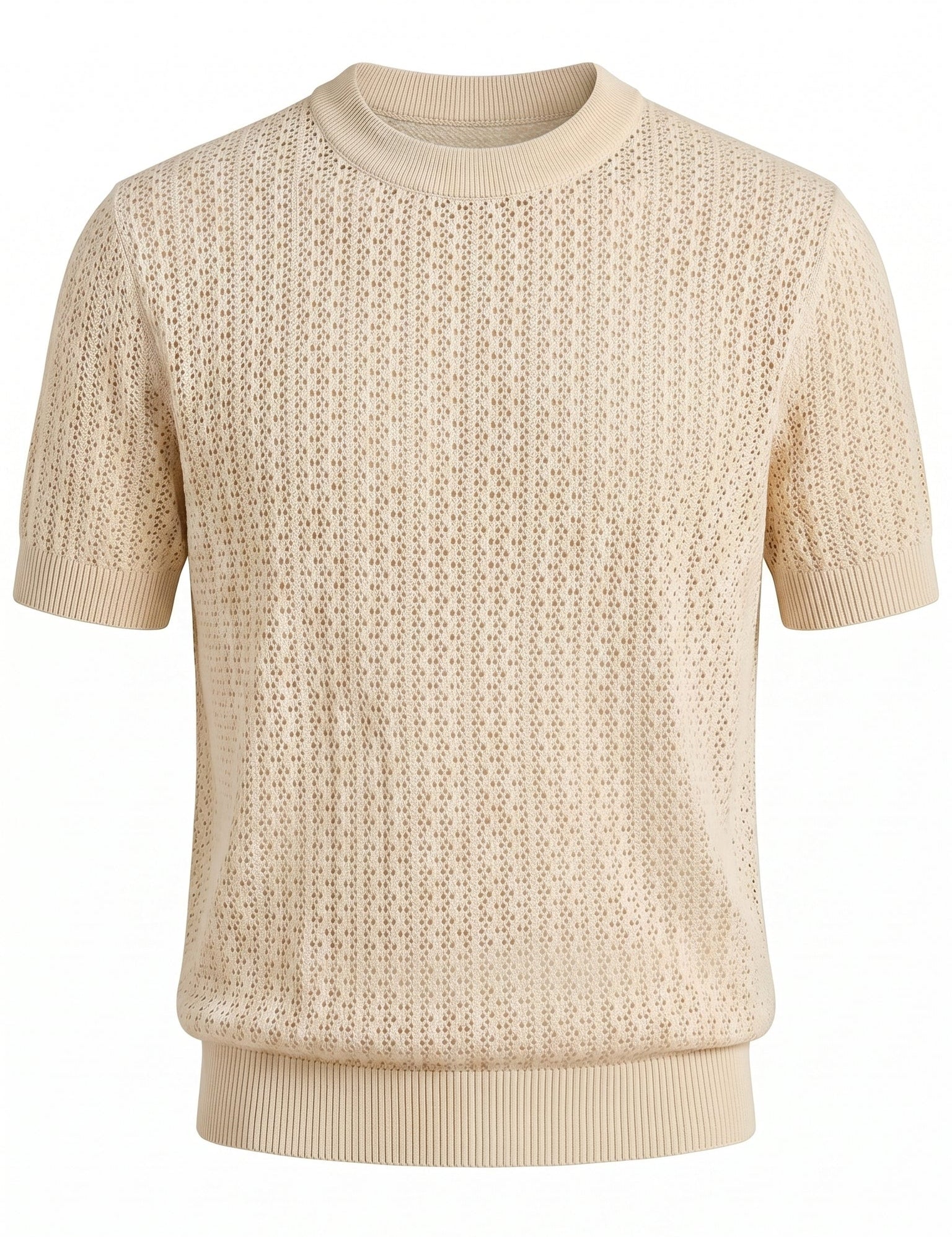 Sand beige men’s openwork knit short sleeve summer T-shirt