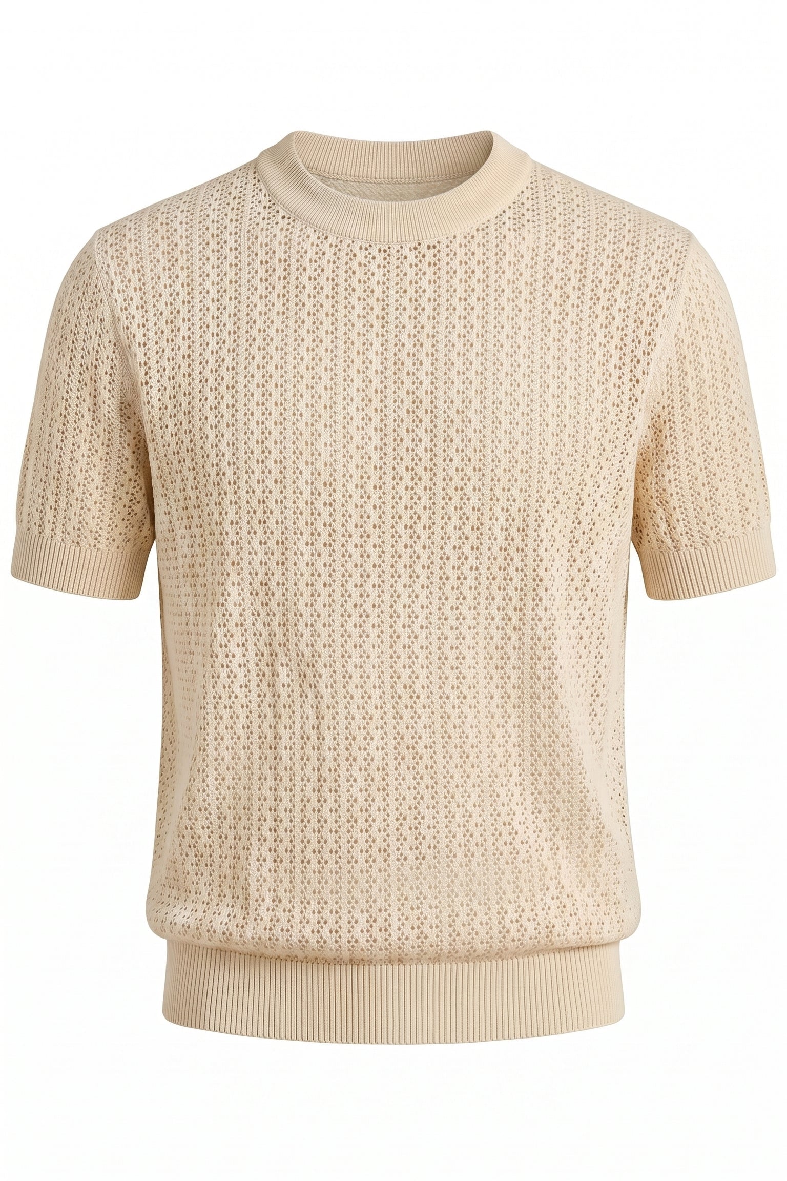 Sand beige men’s openwork knit short sleeve summer T-shirt