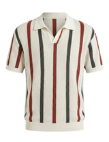 Short-sleeve knit polo shirt with red and black stripes on a light gray background
