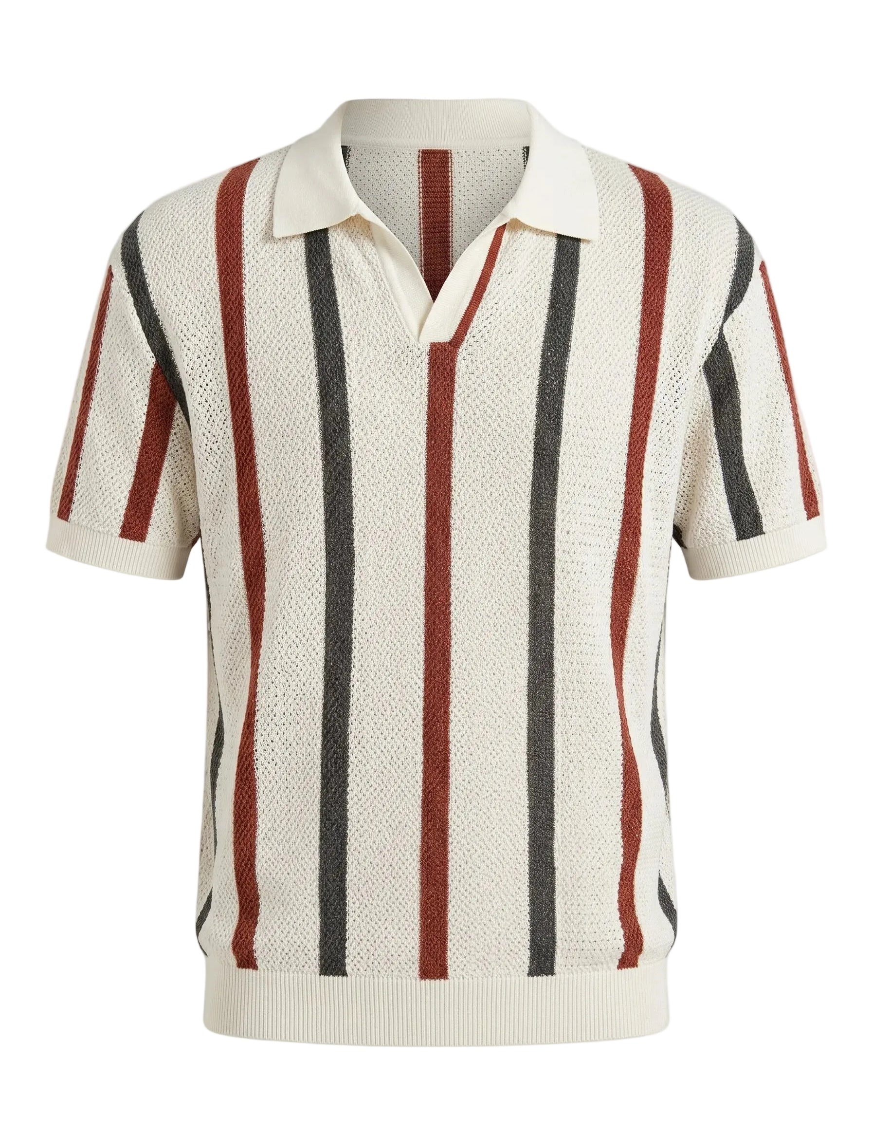 Short-sleeve knit polo shirt with red and black stripes on a light gray background