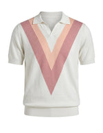 Short-sleeve sweater with a V-shaped design in pink and white on a white background