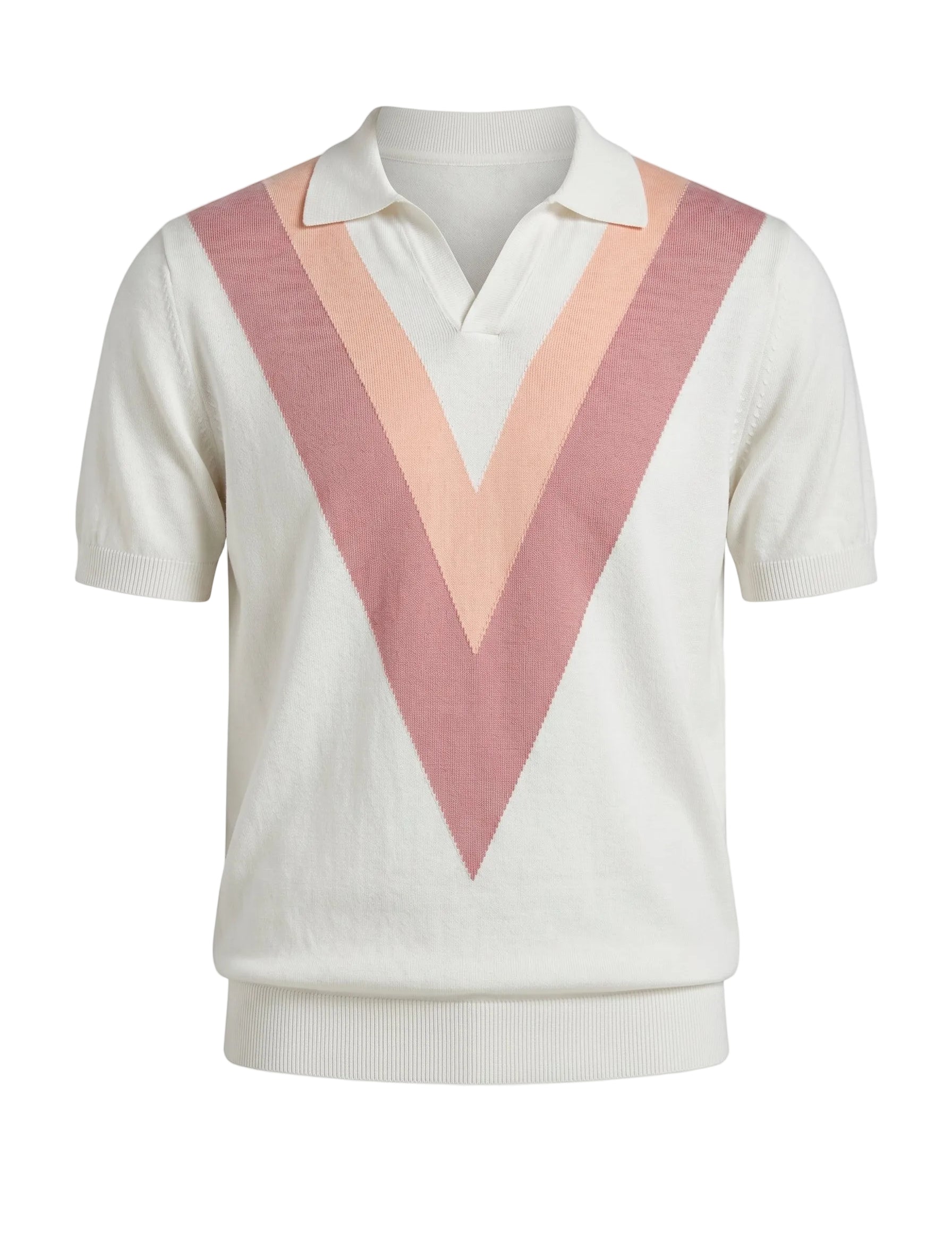Short-sleeve sweater with a V-shaped design in pink and white on a white background