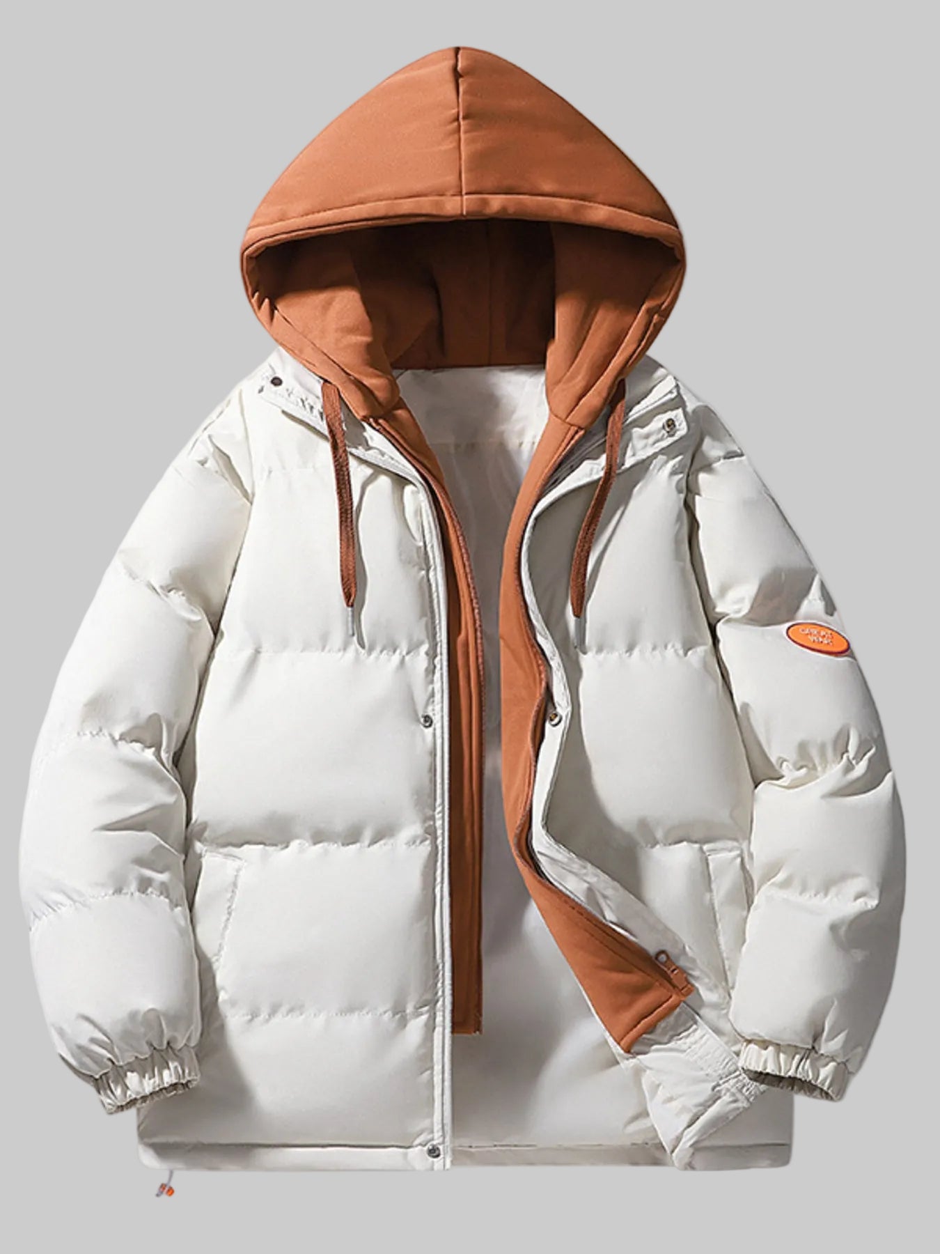A puffer jacket with a white exterior and a contrasting burnt orange hood lining and zipper trim, shown against a clean white background.