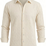 Soft cream men’s embossed collared long sleeve shirt
