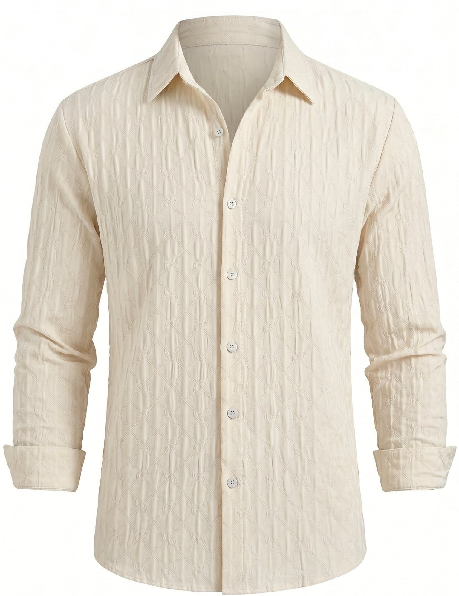 Soft cream men’s embossed collared long sleeve shirt

