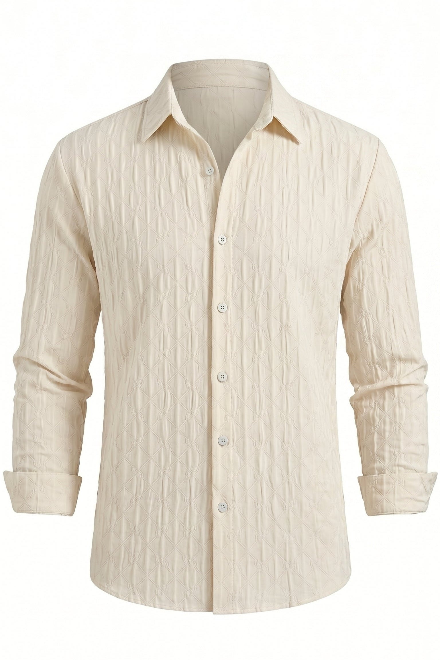 Soft cream men’s embossed collared long sleeve shirt
