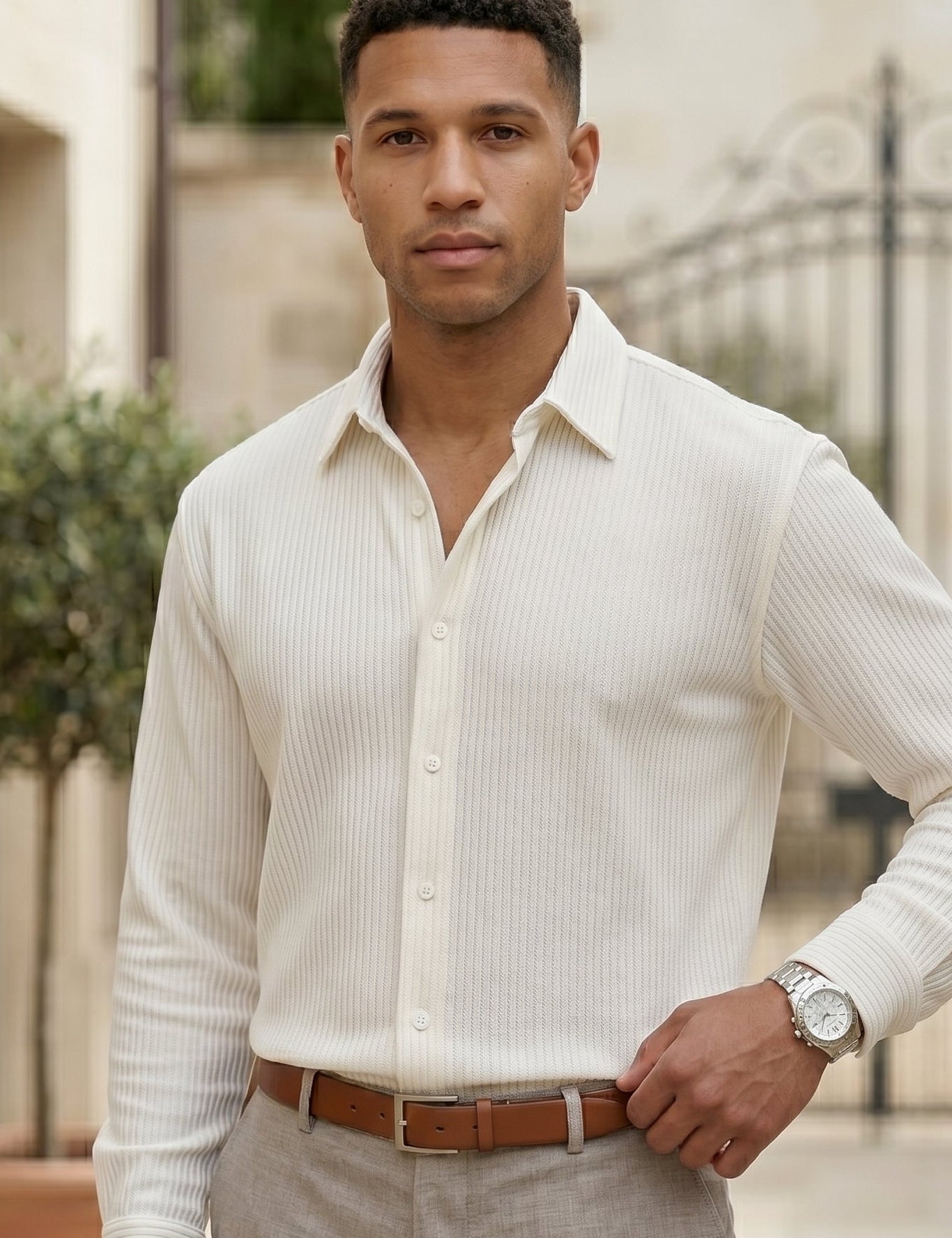 Sorento - Cream beige men’s pleated long sleeve button-up shirt -  Upper body hero
