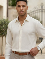 Sorento - Cream beige men’s pleated long sleeve button-up shirt -  Upper body hero