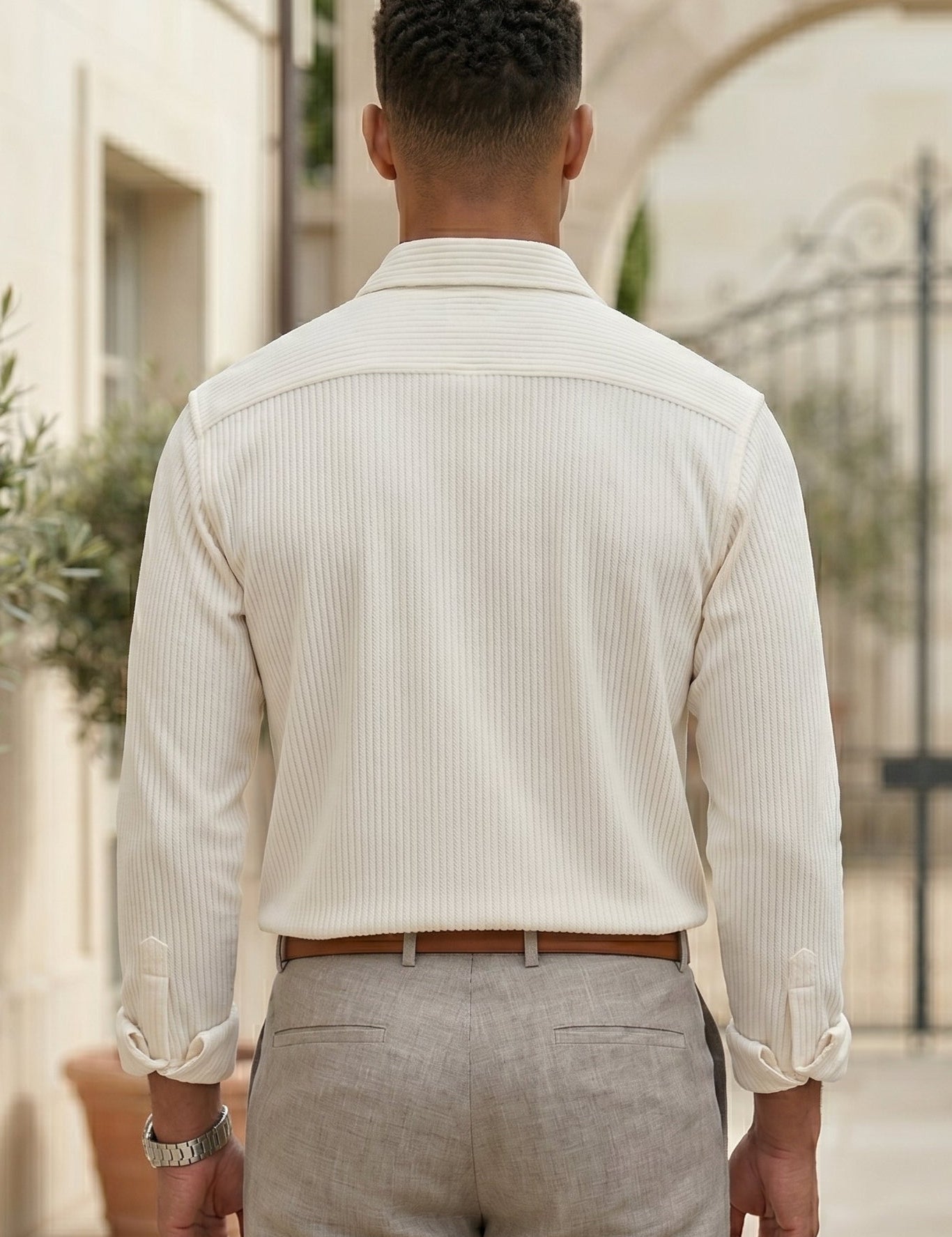 Sorento - Cream beige men’s pleated long sleeve button-up shirt - top back view