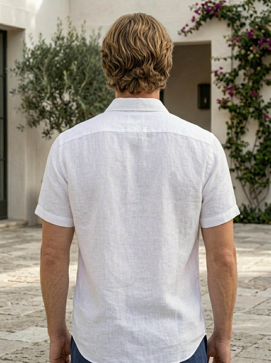 Sorrento - White men’s lightweight cotton-blend short sleeve shirt, Top back view