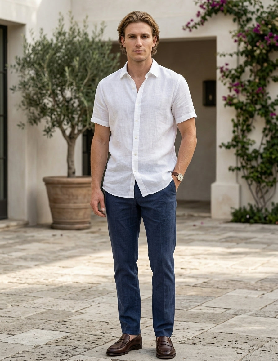 Sorrento - White men’s lightweight cotton-blend short sleeve shirt, full outfit hero