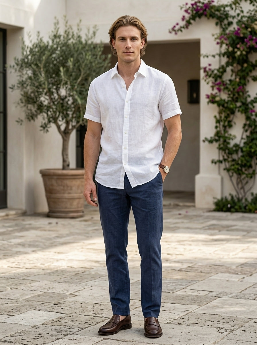 Sorrento - White men’s lightweight cotton-blend short sleeve shirt, full outfit hero
