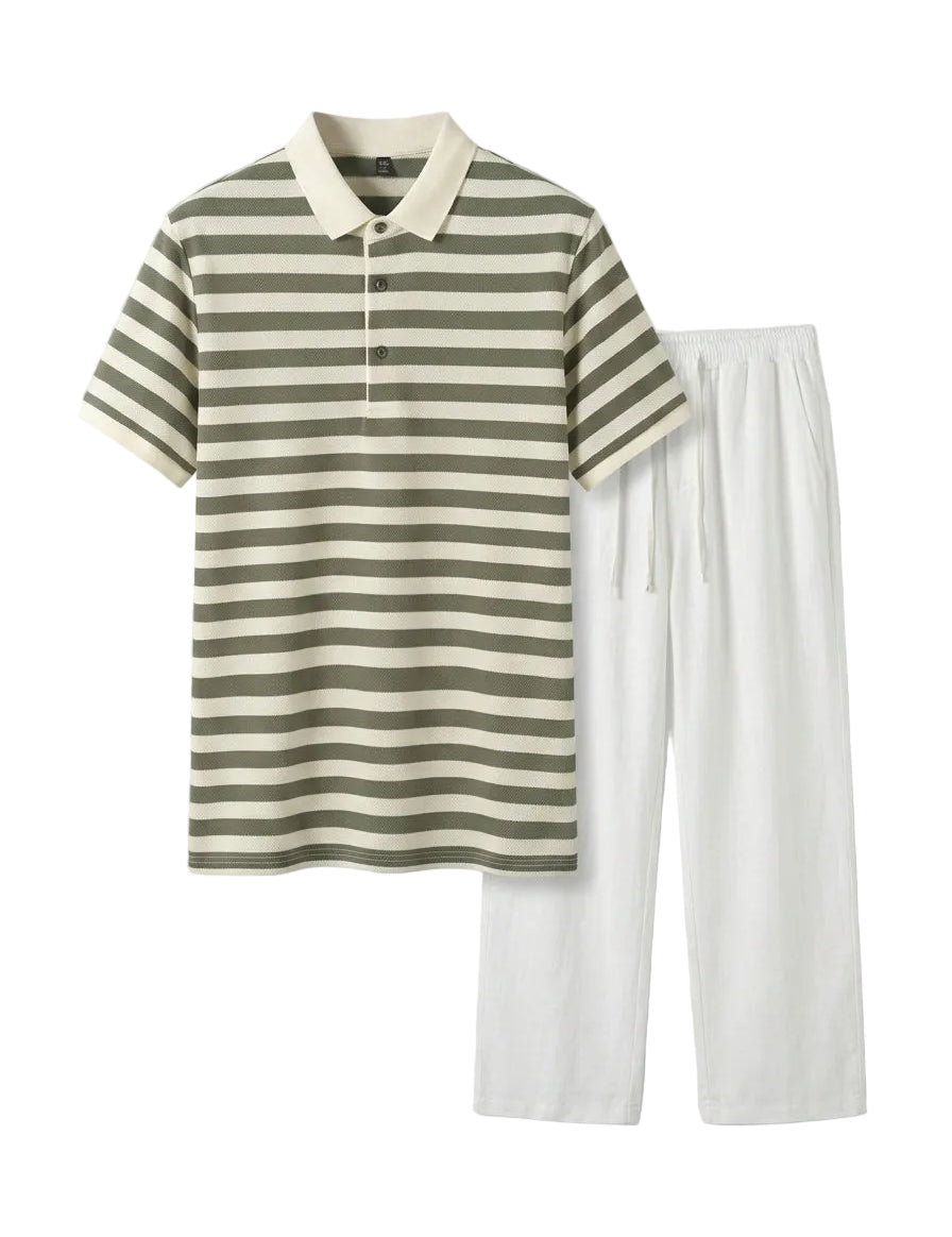 Striped polo shirt and white pants on a white background