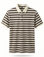 Striped polo shirt with brown and white horizontal stripes on a white background