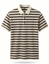 Striped polo shirt with brown and white horizontal stripes on a white background
