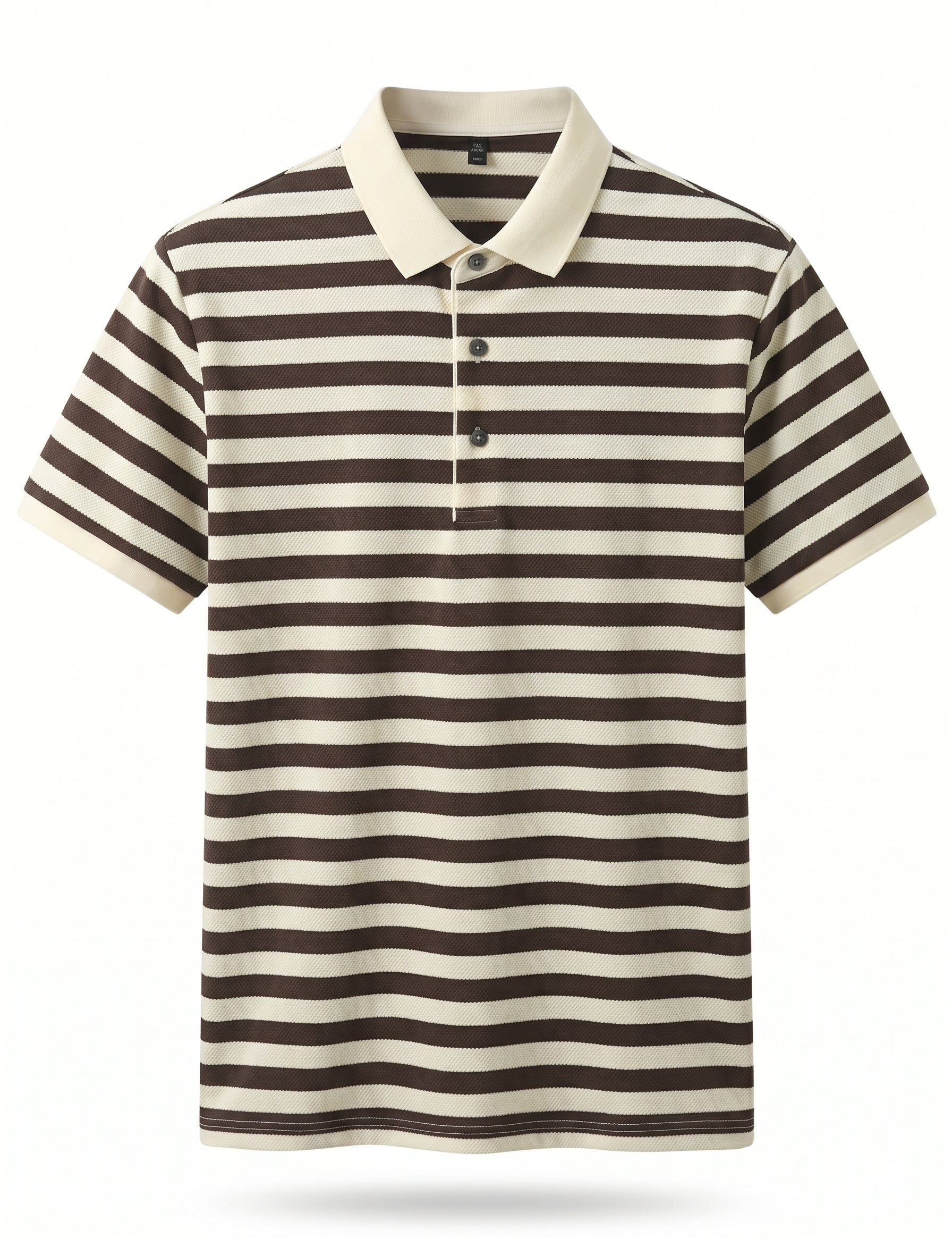 Striped polo shirt with brown and white horizontal stripes on a white background