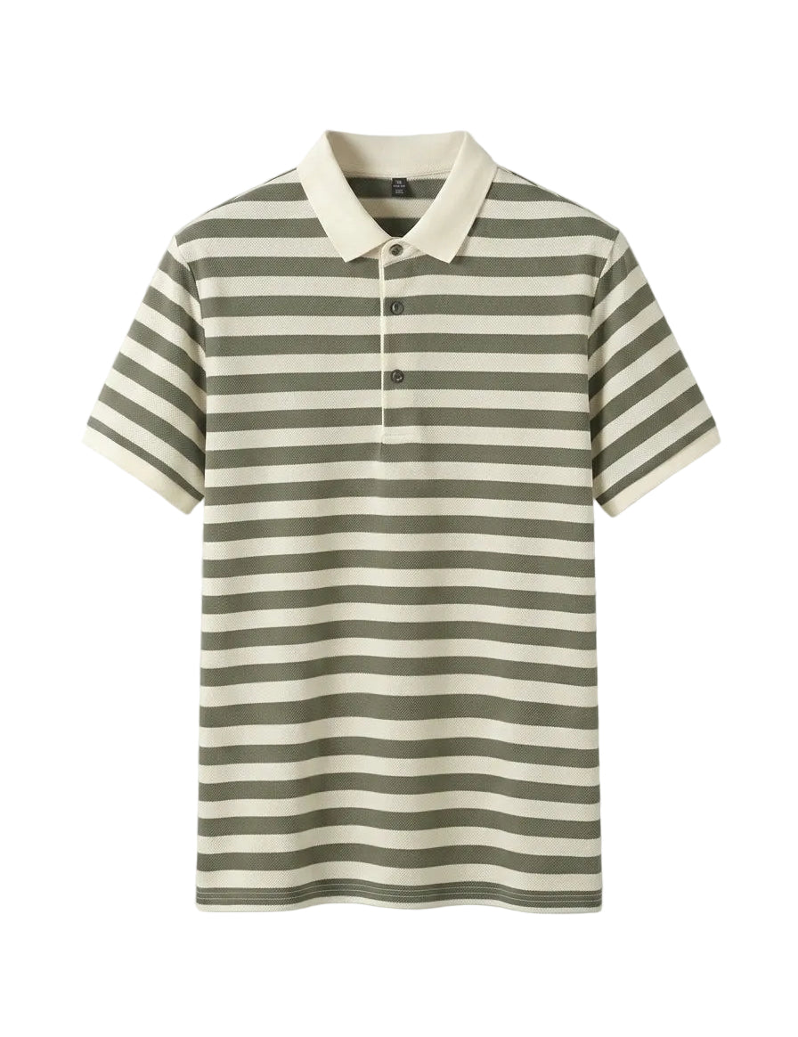 Striped polo shirt with green and white stripes on a gray background