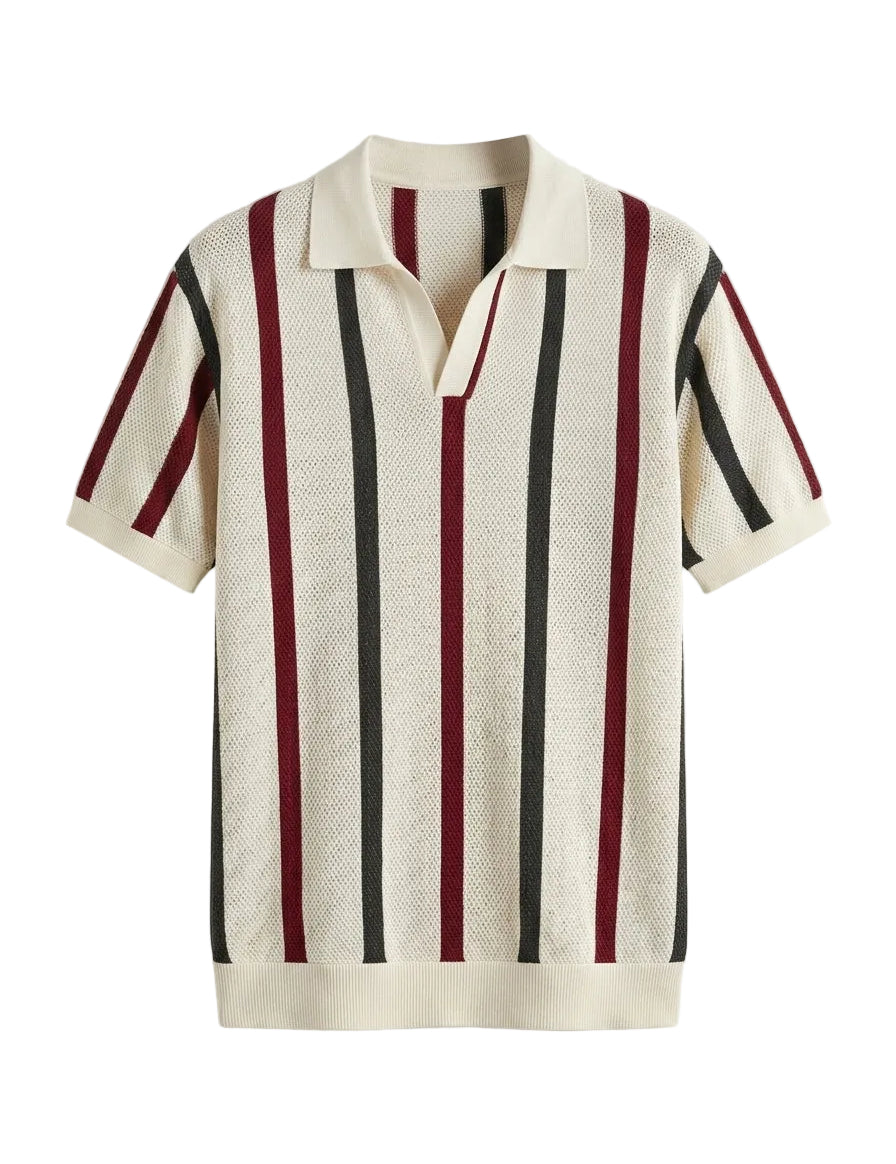 Striped polo shirt with red and black bars on a light gray background
