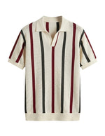 Striped polo shirt with red and black bars on a light gray background
