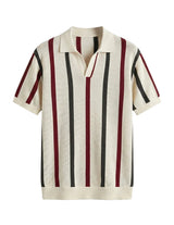 Striped polo shirt with red and black bars on a light gray background
